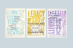 Three educational posters featuring words in various colors, sizes and orientations