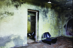 a modern black chair by alum Brodie Neill photographed inside a decaying building