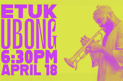 yellow and pink poster with image of the artist playing trumpet