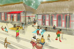 drawing in progress of ancient Mayans at the market