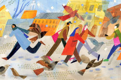 detail of a colorful illustration of people walking on the street