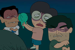 A still from an animation showing three friends holding a baby alien