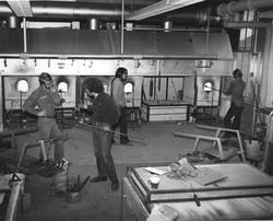 glass-blowing studio black and white historical photo