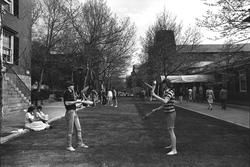 students interacting during take a break weekend black and white historical photo