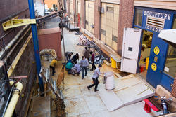 Overhead shot of the outside entrance of the sculpture foundry building.