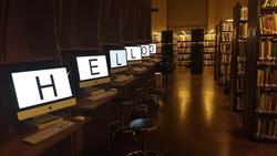 Student work by Graphic Design graduate alum Elizabeth Leeper installed inside RISD’s library