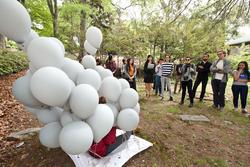 Grey balloon sculpture in the Woods Gerry garden