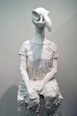 Student work by Emily Whynott BFA 2020. Sculpture of a human figure with the head of a bird.