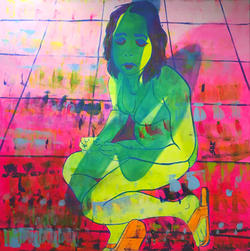 painting of a bright green woman sitting on a bright pink tiled floor