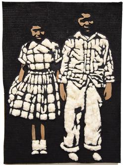 Student artwork showing two children using cardboard and fabric