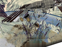 Abstract print featuring overlays of planet earth, mountain landscapes, and satellites