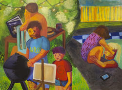 Vibrant painting of a family in a backyard