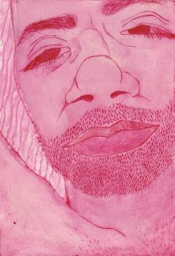 Student artwork showcasing a drawing of a bearded person using only the color pink