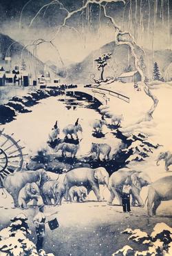 Black and white ink print featuring elephants crossing a winter landscape
