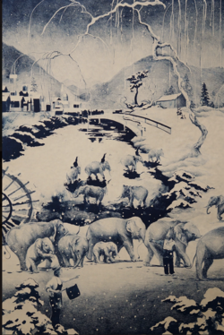 Black and white ink print featuring elephants crossing a winter landscape