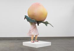 Student work by Renee Yu Jin BFA 2018. Sculpture of a girl carrying a giant sized fruit.