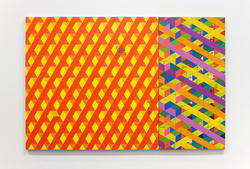 Student artwork depicting a bright multicolored crosshatch painting