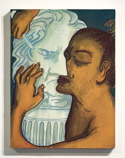 Student painting depicting a person kissing a marble bust of a man