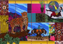 a multi-panel painting featuring a cheetah, a cowboy riding a horse with heads at the back and front of his body, a falling man holding a larger globe of Earth, and several patterned images