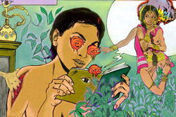 an illustration of one woman with roses for eyes reading a book that has an open eye on its back cover. A hand reaches inside the woman's upper right arm and a Hindu goddess overlooks the scene