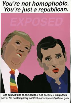 Pink poster with illustration of Trump and Cruz