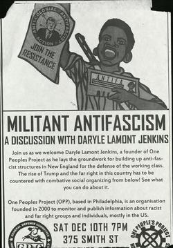 Poster with illustration of a black man holding up flyers