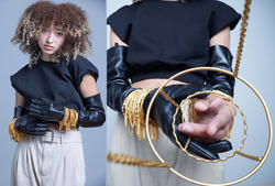 a sculptural gold bracelet worn by a model (full and closeup view)
