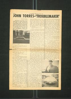 newspaper page with headline “John Torres—Troublemaker” at top of page