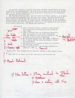 a typed document written in 1970 that lists demands made at the time by minority students at RISD