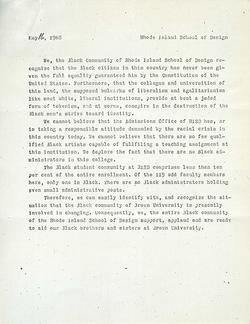 typed document written in 1968 stating the support of Black RISD students for peers at Brown University
