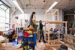 Students in the Sculpture studios build a wood frame for a large-scale project
