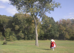 a person in a red and white dress runs in a meadow toward green trees in the background, with a single tree rising from the grass in the foreground
