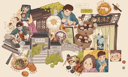illustration showing images from inside a Japanese restaurant