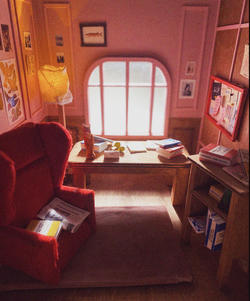 illustration showing a photo-realistic room interior in evening light