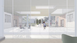 A student rendering shows children playing in proposed family shelter