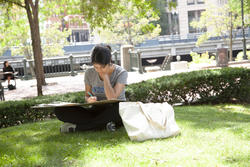 A Pre-College student sits cross-legged under a tree sketching
