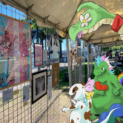 An illustration of fantastical creatures viewing artwork at a pride gallery