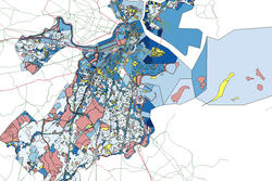A blue, pink and white map of Boston's Housing made by Viola Tan