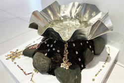 A metal basin filled with water surrounded by rocks, dirt and shells by Lilly Manycolors