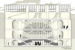 A longitudinal side view drawing of a building