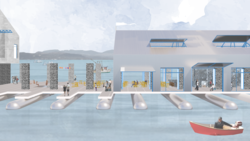 Student work by Architecture graduate alum Jacob Boatman of a structure located on a body of water.