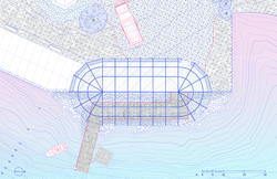 Student work by Architecture graduate alum Jordan Voogt of a shoreline in blue, pink and gray.