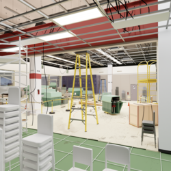 Student work by Architecture graduate alum Madaleine Ackerman of a room with stacked chars and various pieces of construction equipment including ladders, wires and traffic cones.
