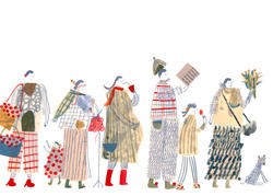 Student work by Illustration graduate alum Ananya Parekh of a line of people wearing textured garments and holding various items.
