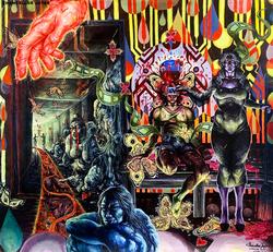 a many-colored illustration of human figures, statues and other beings inhabiting a psychedelic scene, as a glowing red hand intrudes the upper left corner of the frame.