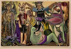a painting of people and humanoid animals in an outdoor setting of wheat and purple flowers