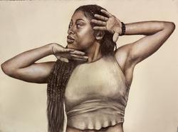 Student work by Illustration student Grace Tasel of a black person looking to the left with their hands around their face.