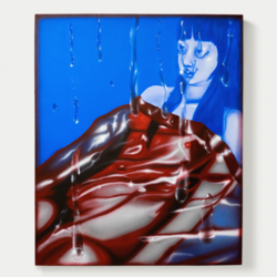 Student work by Illustration graduate alum Ji Zou of a blue scene with a person draped in something wet and red.