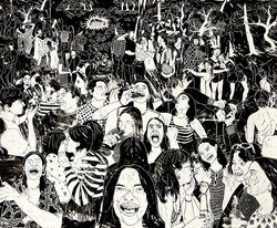 Student work by Illustration graduate student Maren Curtis of a large group of people mingling with each other in black and white.