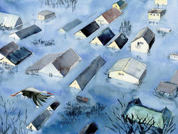 Student work by Illustration graduate student Margaryta Winkler of a group of buildings submerged in blue water with a crane flying over them.